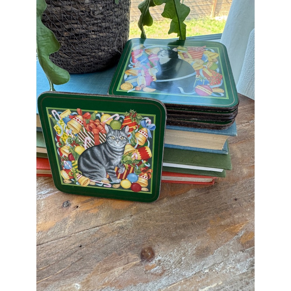 Vintage Pimpernel Christmas Cat Coasters Set of 6 Cork Back Holiday Green